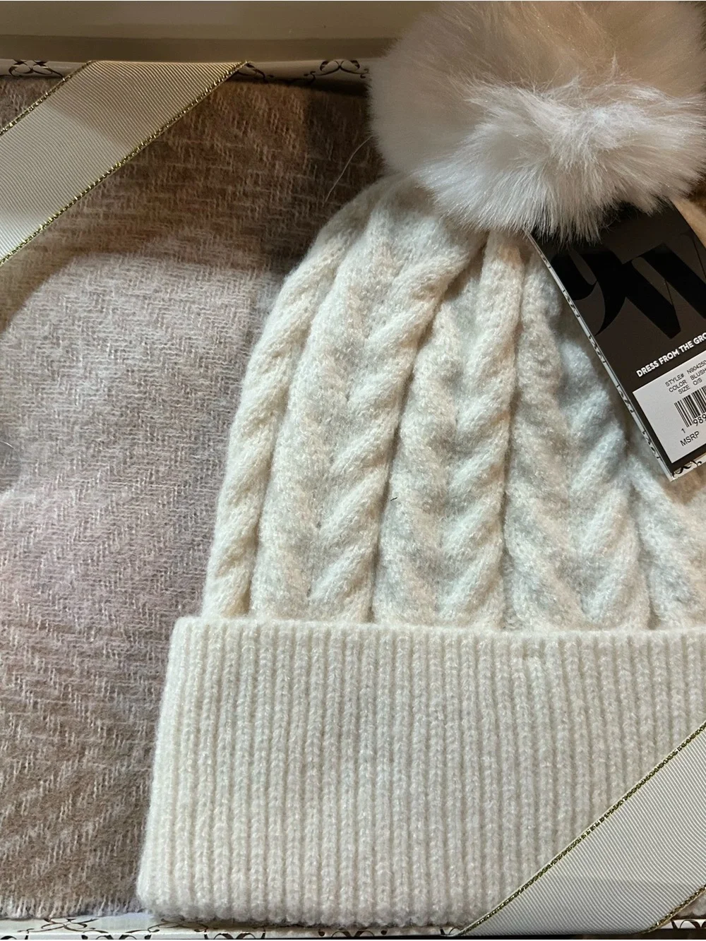 Nine West Cream Cable Knit Beanie with Faux Fur Pom